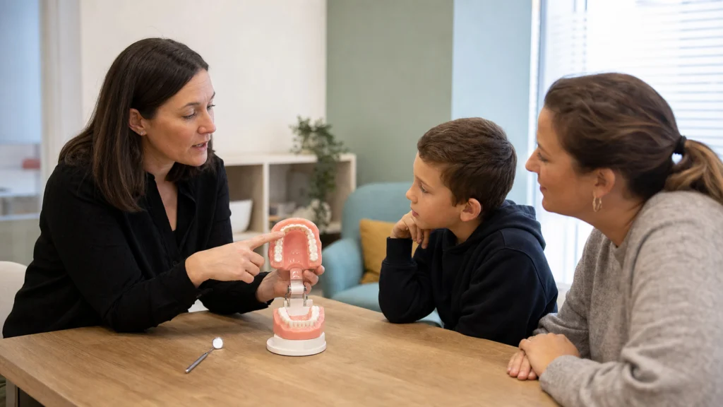 Orthophoniste présentant un modèle de bouche à un jeune patient et son parent