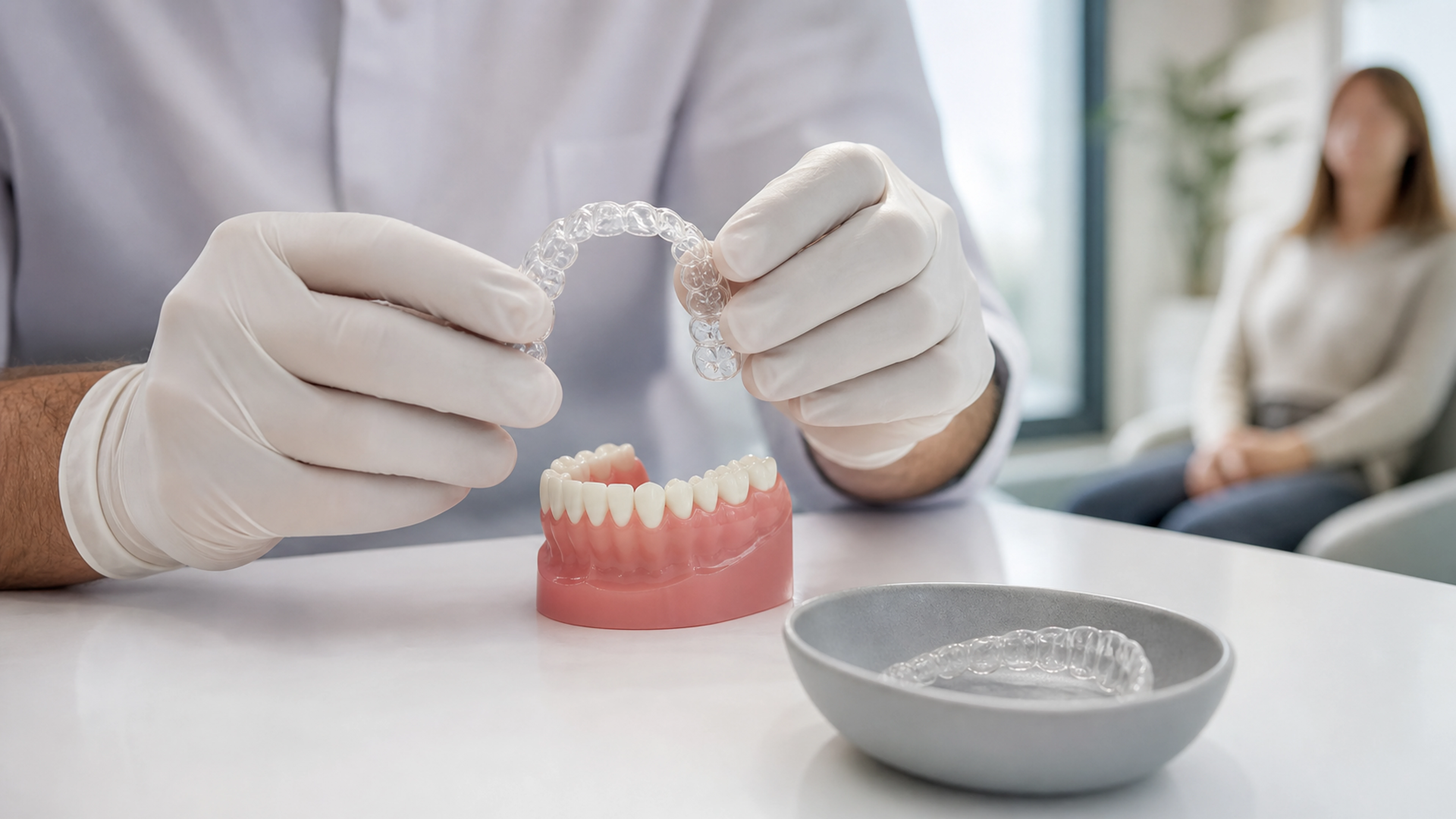 Orthodontiste tenant un aligneur transparent au-dessus d’un modèle dentaire