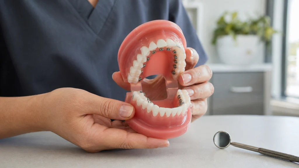 Modèle dentaire équipé d’attaches orthodontiques sur la face intérieure des dents