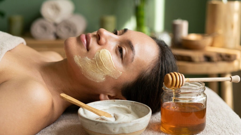 Serene woman with a honey-clay mask on her cheek, lying in a spa. A bowl of clay paste and honey jar with dipper are visible.