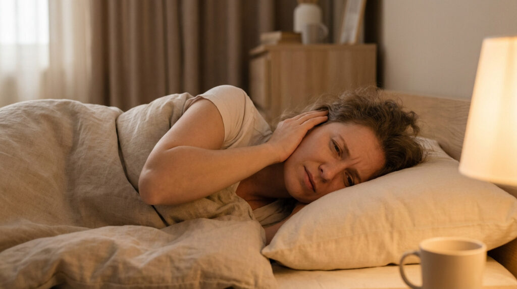 Woman in bed with a pained expression, hand to ear, illuminated by a bedside lamp in a cozy bedroom. Suggests earache at night.