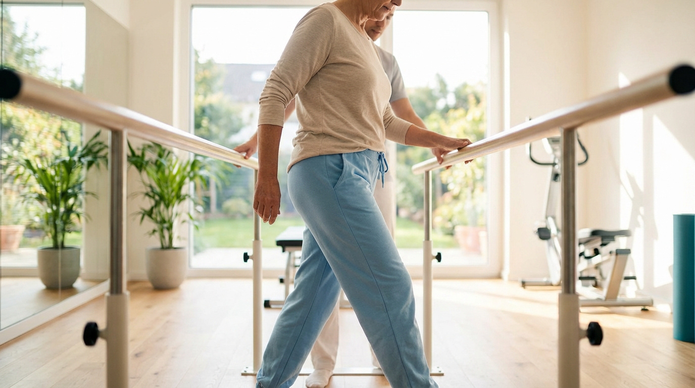 Femme âgée en rééducation de la hanche, marchant avec des barres parallèles, assistée par un thérapeute dans une salle lumineuse.