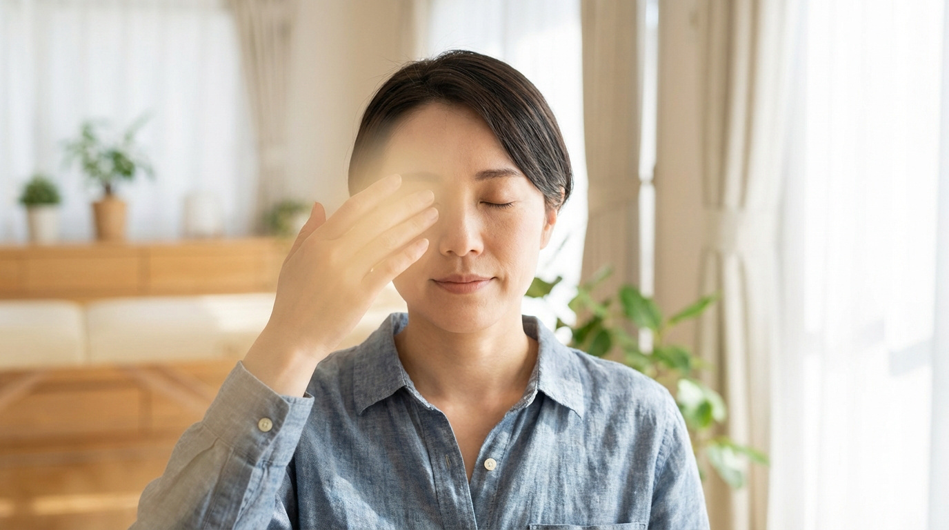 Femme aux yeux fermés, se protégeant de la lumière vive avec sa main, suggérant une gêne oculaire.