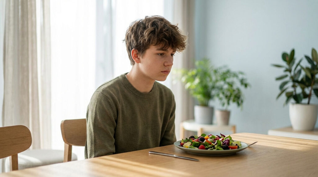 Un adolescent aux cheveux bouclés, vêtu d'un pull kaki, regarde une salade avec tristesse. Lumière naturelle sur une table en bois.