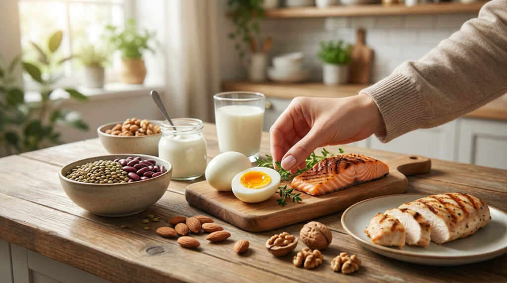 Table en bois avec saumon, poulet, œufs, légumineuses, noix, lait et yaourt. Une main décore. Aliments riches en albumine.