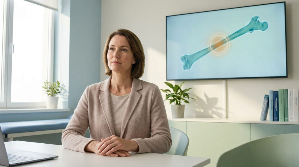 Femme pensive en consultation médicale. Écran TV montre un fémur avec lésion suspecte, évoquant l'ostéosarcome adulte.