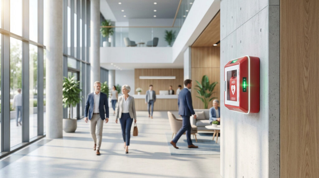 Un défibrillateur (DAE) rouge est fixé sur un mur en béton dans le hall lumineux d'un immeuble moderne où circulent des professionnels.
