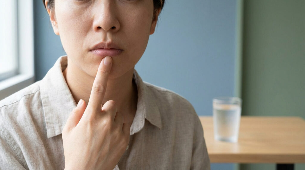 Gros plan sur le visage d'une femme pensive, le doigt sur la lèvre, devant un verre d'eau flou.
