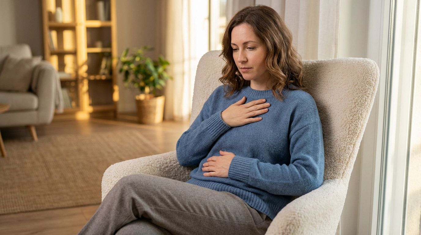 Une femme assise dans un fauteuil, les mains sur la poitrine et l'abdomen, l'air souffrant d'un inconfort ou d'une douleur.