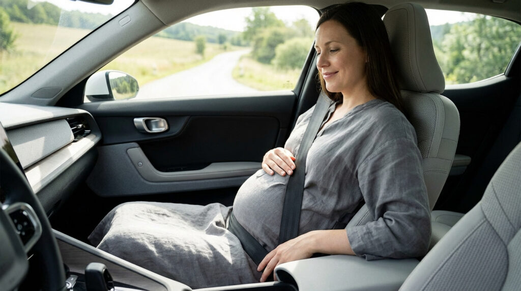 Femme enceinte souriante dans une voiture, main sur son ventre, portant sa ceinture de sécurité correctement ajustée.