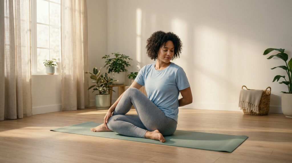 Femme pratiquant une torsion vertébrale assise sur un tapis de yoga dans une pièce lumineuse avec plantes et lumière naturelle.