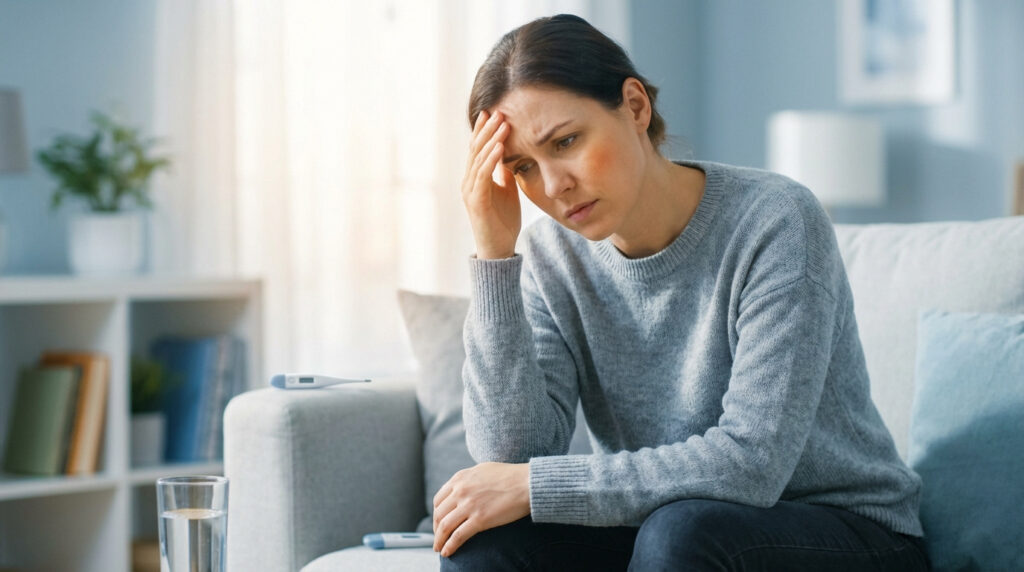 Femme mal en point, la main sur le front, avec des rougeurs au visage, assise sur un canapé. Un thermomètre est visible à côté.