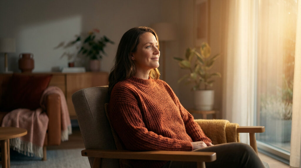Une femme souriante aux cheveux bruns, vêtue d'un pull terracotta, est assise dans un fauteuil, profitant de la lumière du soleil.