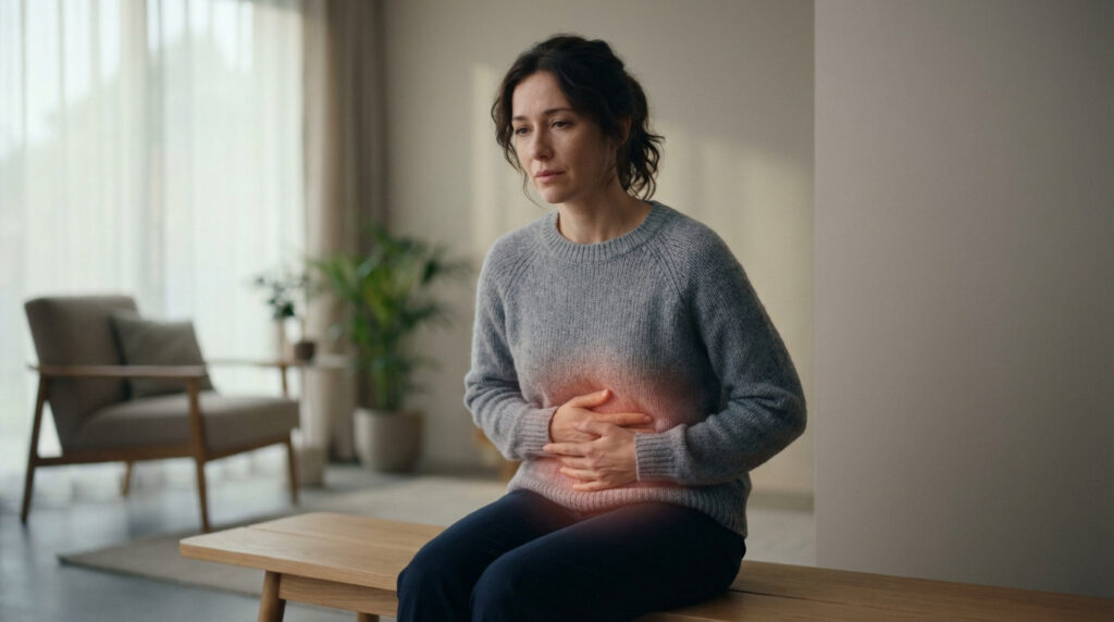 Femme assise, l'air anxieux, tenant son bas-ventre douloureux (indiqué par une lueur rouge) dans un intérieur moderne.