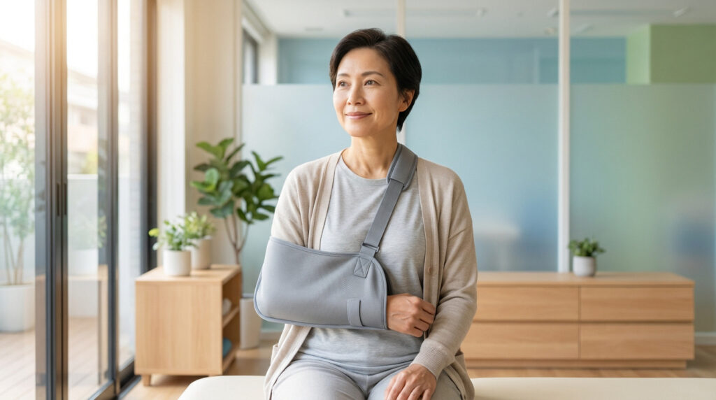 Femme asiatique d'âge moyen souriante avec une attelle grise au bras gauche, assise dans un intérieur lumineux et moderne.