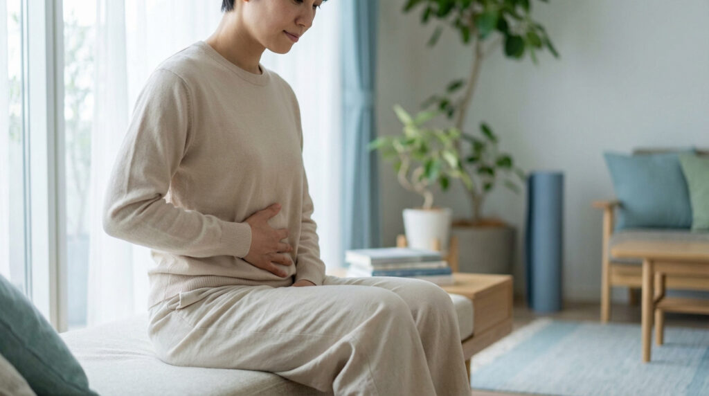 Femme assise, main sur le bas-ventre, exprimant l'inconfort ou la douleur due à des spasmes dans un intérieur lumineux.