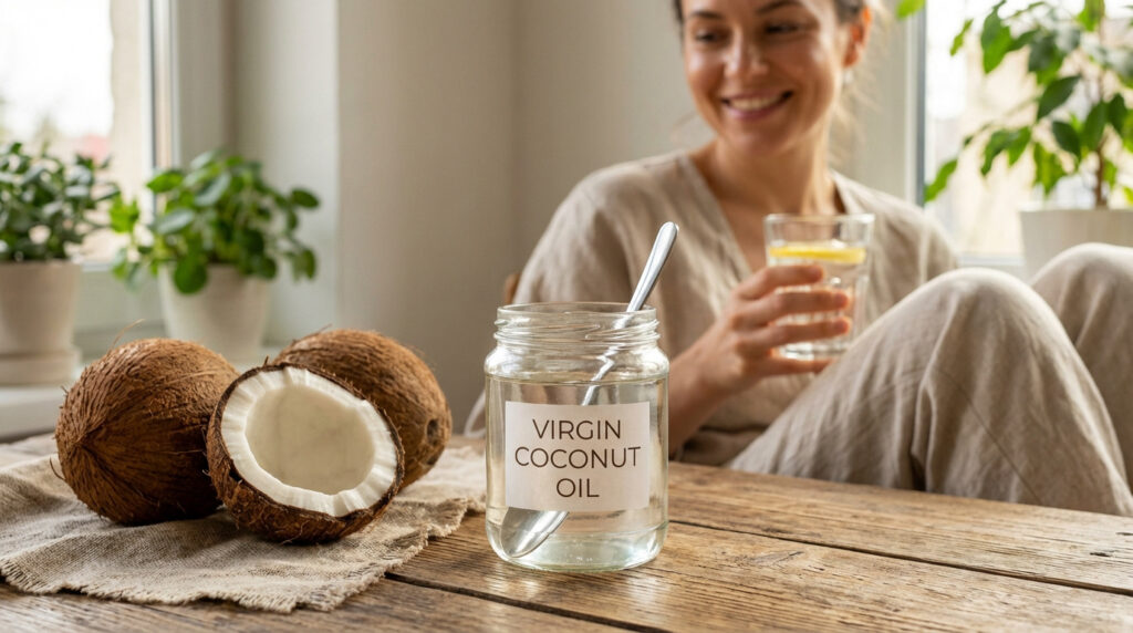 Bocal d'huile de coco vierge sur table en bois avec des noix de coco. Une femme souriante boit de l'eau citronnée en arrière-plan.