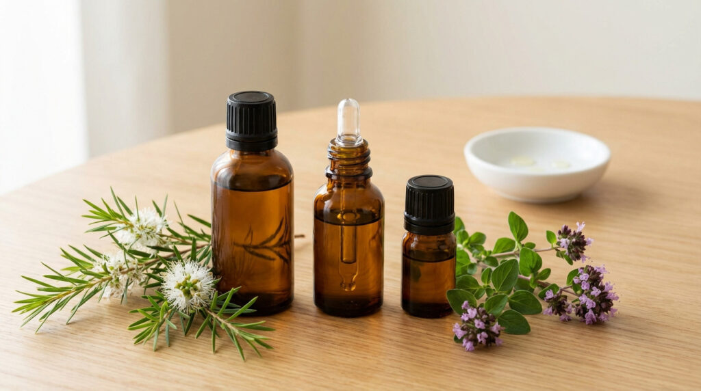 Trois flacons d'huiles essentielles ambrés, avec des branches de tea tree et d'origan en fleurs, et un bol sur une table en bois clair.