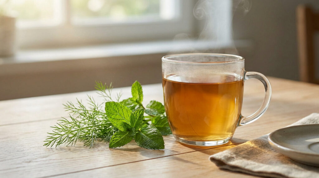 Tasse d'infusion chaude à la menthe et aneth ou fenouil, sur une table en bois. La vapeur s'élève, soleil doux par la fenêtre.