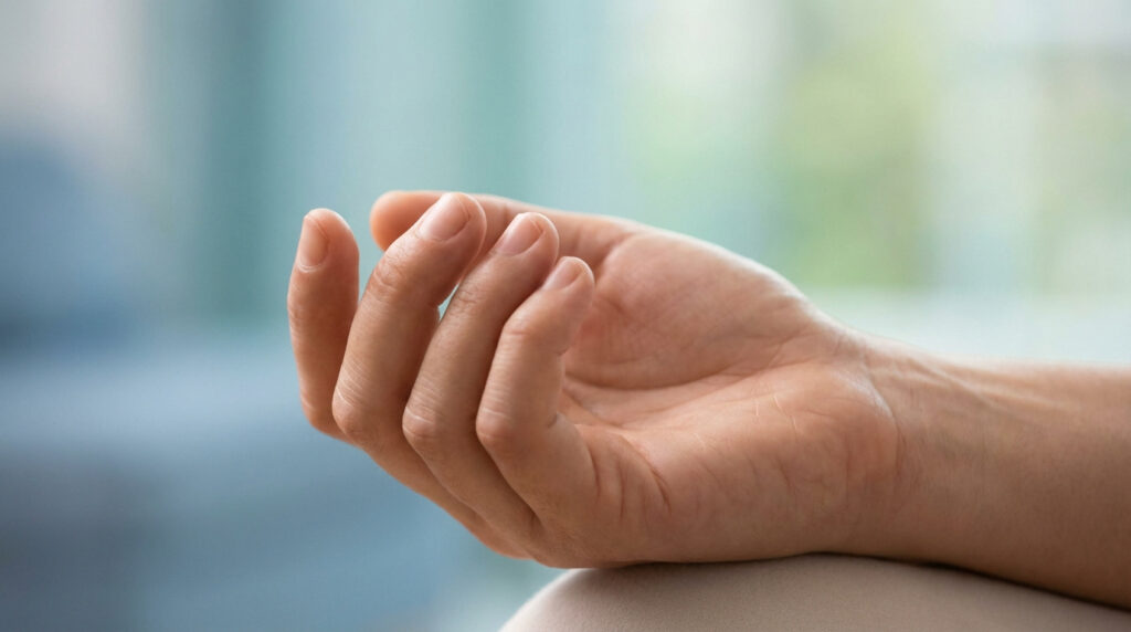 Main ouverte et détendue, représentant la main d'un patient en attente ou en cours de traitement pour l'algodystrophie.