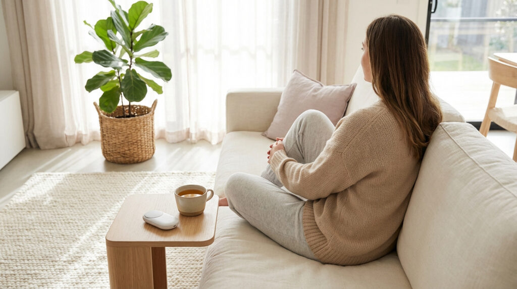 Femme sur canapé avec tasse de thé et un appareil d'électrostimulation périnéale, dans un cadre apaisant.