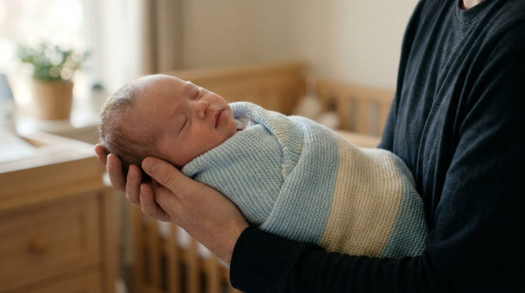 Nouveau-né endormi emmailloté dans une couverture bleue et blanche, tenu délicatement dans les mains d'un adulte.