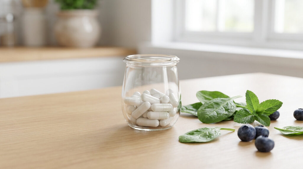 Un pot en verre de capsules blanches à côté de feuilles d'épinard, de menthe et de myrtilles sur une table en bois clair.