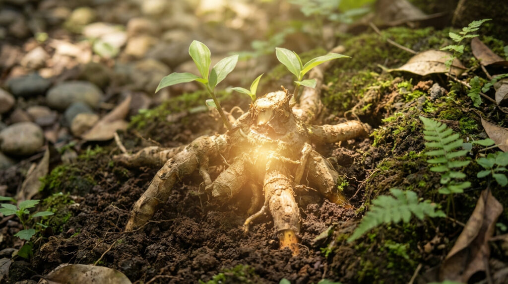 Racine de Costus indien partiellement déterrée, avec de jeunes pousses vertes et une lumière dorée émanant du centre, dans un sol moussu.