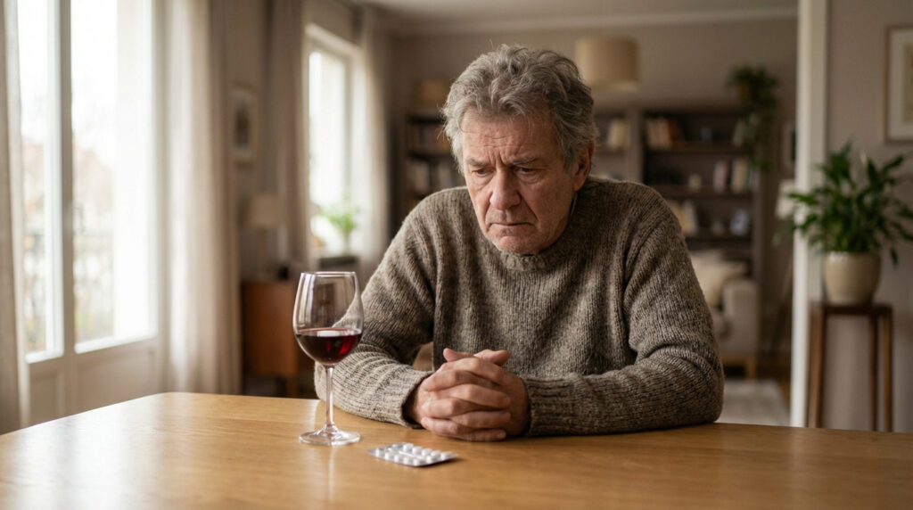 Homme âgé pensif, les mains jointes, regardant un verre de vin rouge et une plaquette de médicaments sur une table.