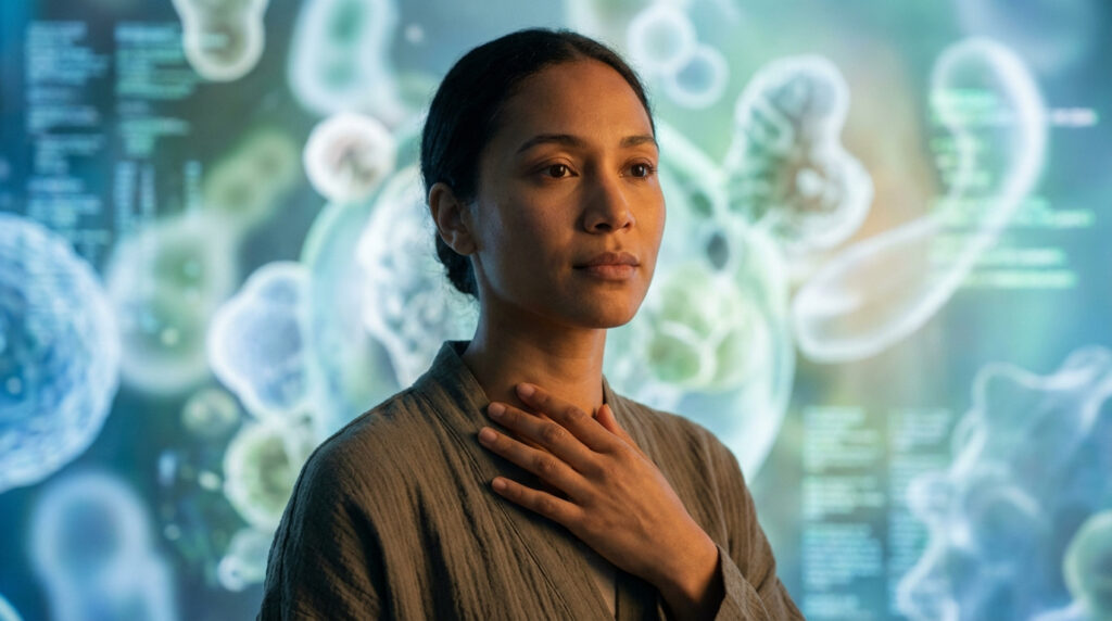 Femme touche son cou devant des représentations de cellules et de données médicales, évoquant la lymphadénopathie ou la recherche.