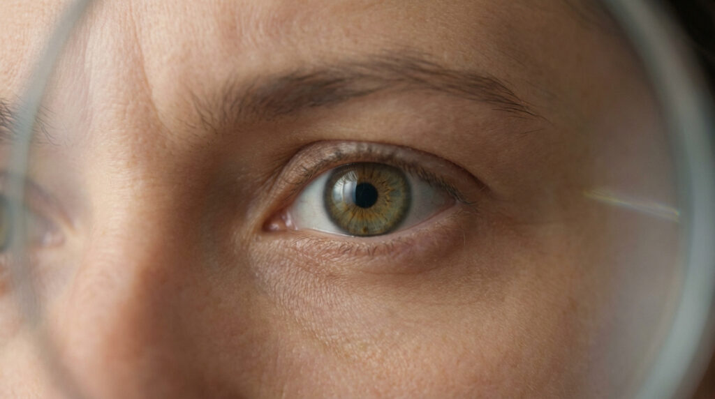 Gros plan sur un œil vert clair observé à travers une loupe, révélant l'iris et la pupille. Essentiel pour la détection de symptômes.