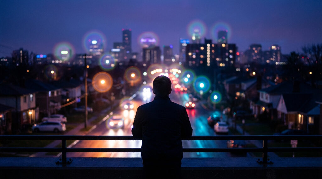 Vue de dos d'une personne observant une ville la nuit. Les lumières urbaines et les phares des voitures affichent des halos lumineux colorés.