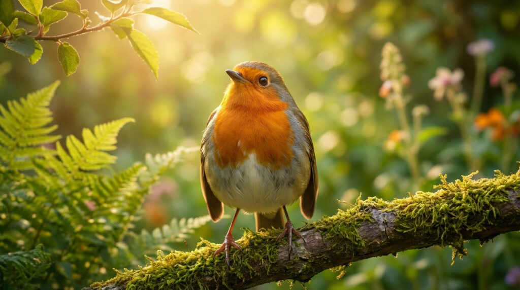 Un rouge-gorge au ventre orange vif, perché sur une branche moussue baignée de lumière dorée dans un décor naturel verdoyant.