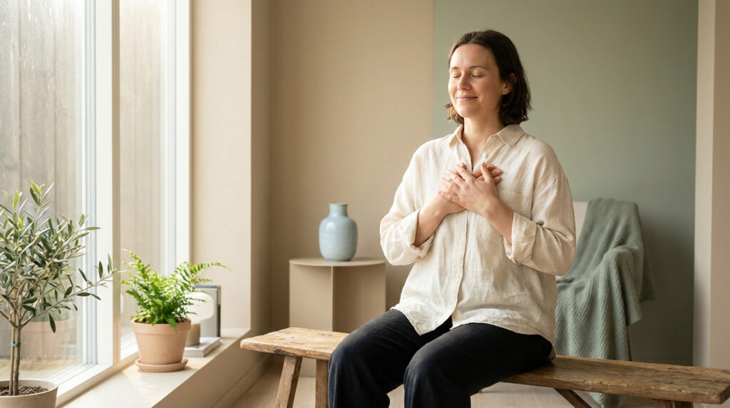 Femme sereine les mains sur la poitrine, yeux clos, méditant dans un intérieur lumineux. Symbolise calme et bien-être.