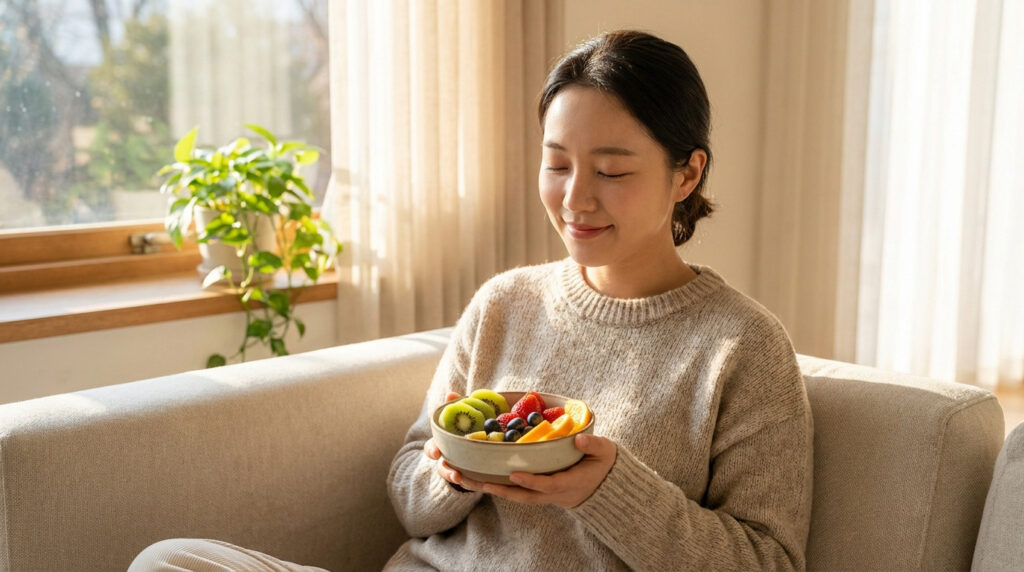 Femme sereine tenant un bol de fruits frais, assise sur un canapé près d'une fenêtre ensoleillée. Symbolise la récupération.