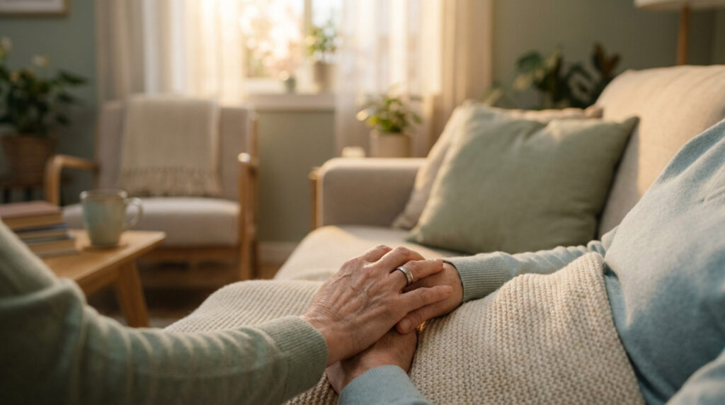 Deux mains se tiennent tendrement sur une couverture tricotée dans un salon chaleureux, symbolisant le soutien et le réconfort.