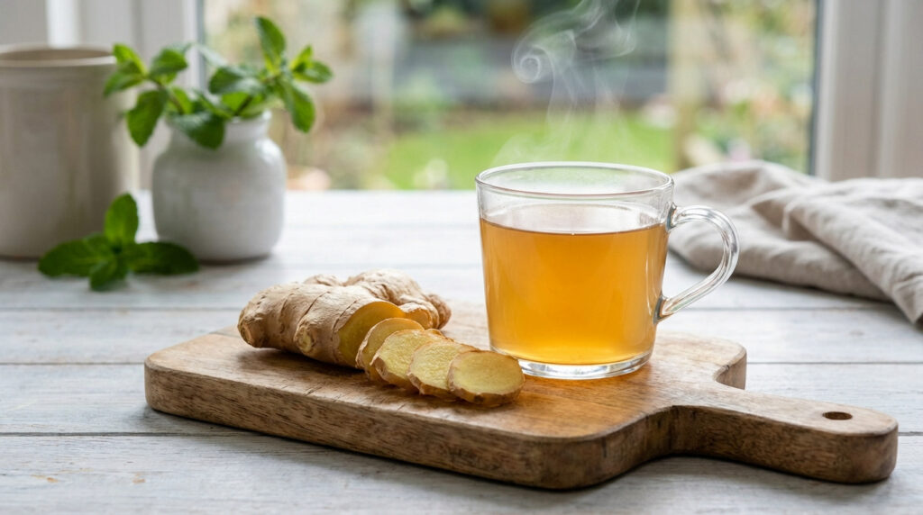 Un thé au gingembre fumant dans une tasse en verre, avec du gingembre frais tranché sur une planche en bois et de la menthe en arrière-plan.