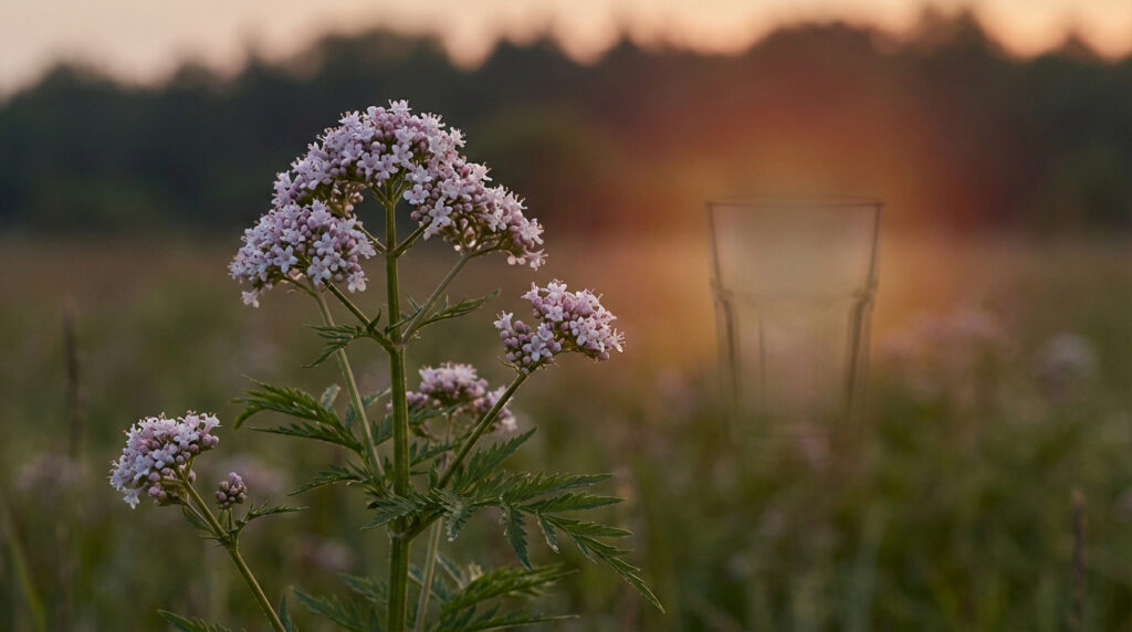 Valériane en fleurs roses en premier plan. En arrière-plan, un verre vide et flou symbolise le risque d'un mélange.