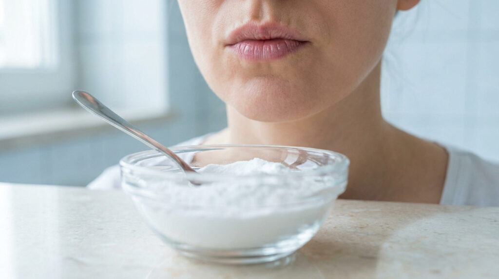 Gros plan sur la bouche d'une personne et un bol de bicarbonate de soude avec une cuillère, évoquant un remède naturel.