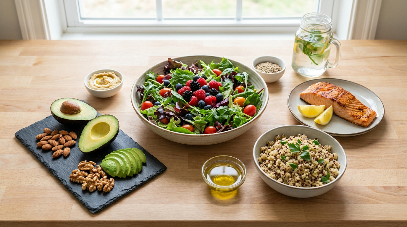 Table en bois avec un repas sain et équilibré : salade, saumon, quinoa, avocat, noix et eau citronnée.