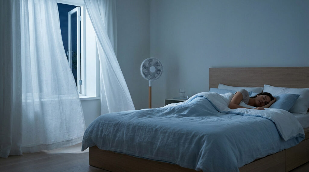 Femme dormant dans une chambre aux tons bleus, avec fenêtre ouverte, rideaux flottants et ventilateur allumé, suggérant la fraîcheur.