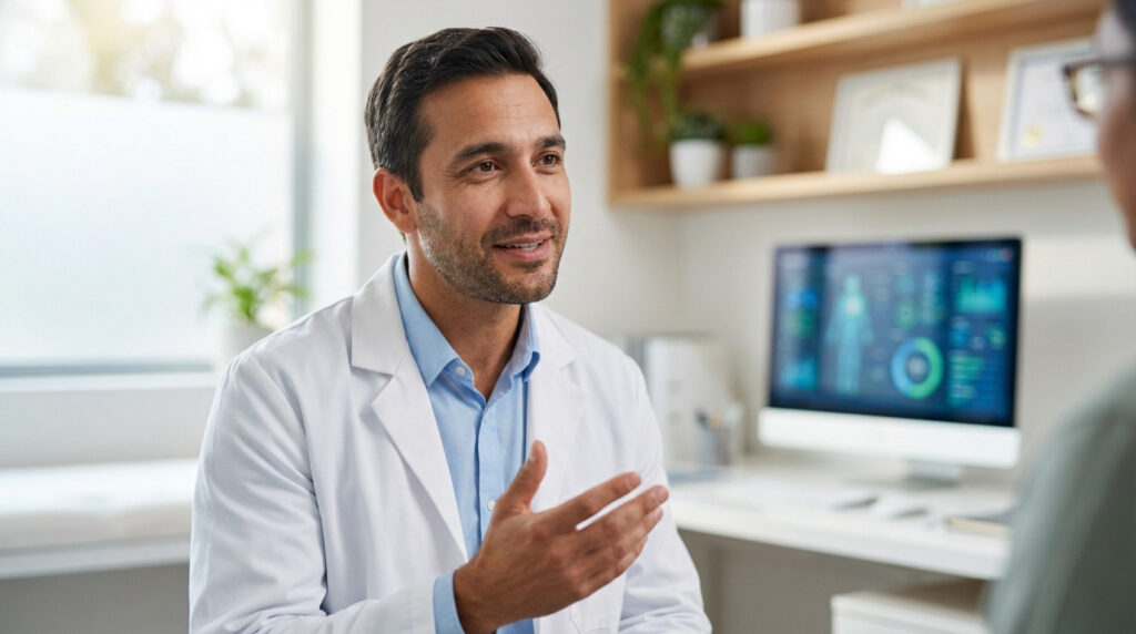Médecin homme souriant en blouse blanche parlant à un patient dans un cabinet moderne, avec écran médical affichant des données.