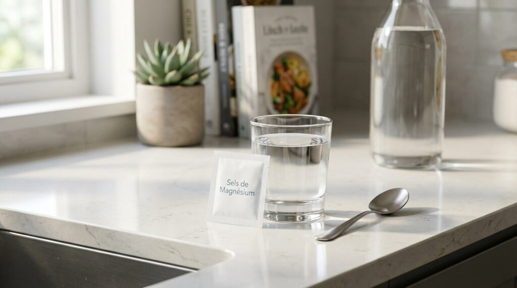 Sachet de Sels de Magnésium, verre d'eau, cuillère sur comptoir de cuisine. Prêt pour la supplémentation quotidienne en magnésium.