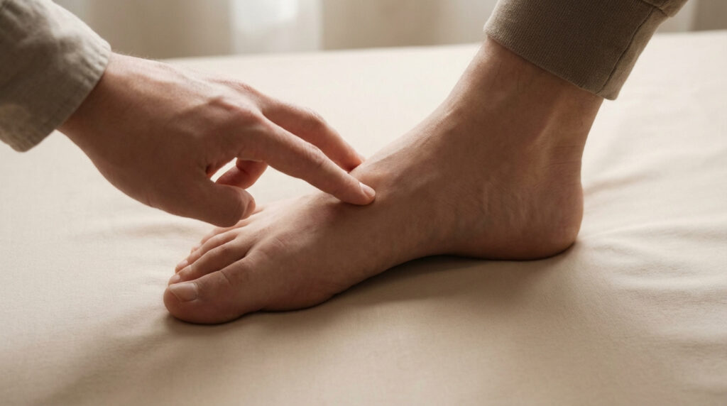 Une main examine le dessus d'un pied nu posé sur une surface claire. Le doigt pointe une zone près de la cheville, suggérant une palpation médicale pour la douleur.