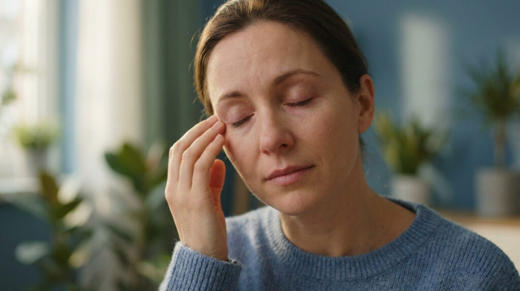Femme aux yeux fermés, se frottant l'œil droit, signe d'irritation ou de douleur oculaire, évoquant la rosacée oculaire.