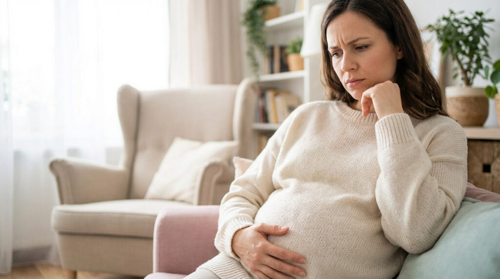 Femme enceinte l'air pensive et inquiète, assise sur un canapé, la main posée sur son ventre, dans un salon lumineux.