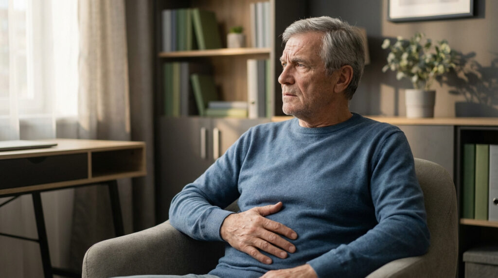 Homme âgé aux cheveux gris, l'air préoccupé, assis dans un fauteuil, main sur le ventre, possible symptôme.