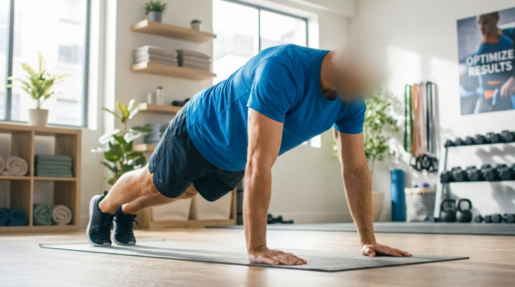 Homme en t-shirt bleu et short noir faisant l'exercice de la planche (gainage) sur un tapis de yoga, dans une salle de sport lumineuse.