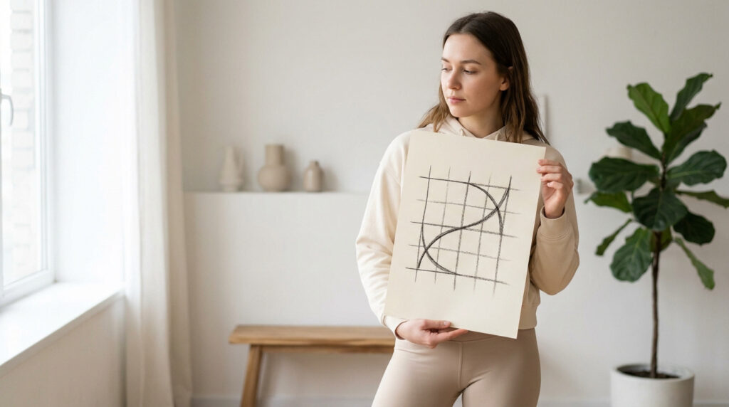 Jeune femme pensive tient un graphique dessiné à la main avec une courbe et une grille, dans un intérieur moderne et lumineux.