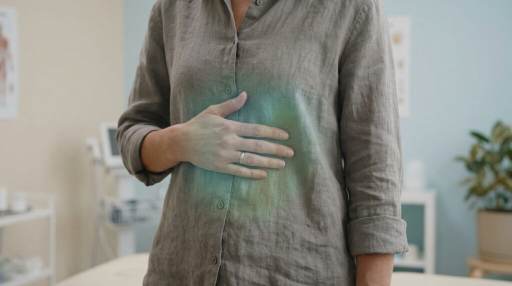 Une personne tient son ventre, une zone de lumière bleue-verte symbolisant la douleur abdominale. En arrière-plan, un cabinet médical.